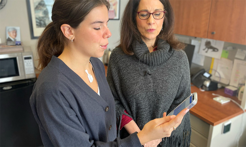 With voice expert Theresa Brancaccio (right) and speech pathologist Aaron Johnson of NY Langone Health, John Rogers’ team developed the first wearable device to continuously track how much people use their voices, alerting them to overuse before vocal fatigue and potential injury set in.