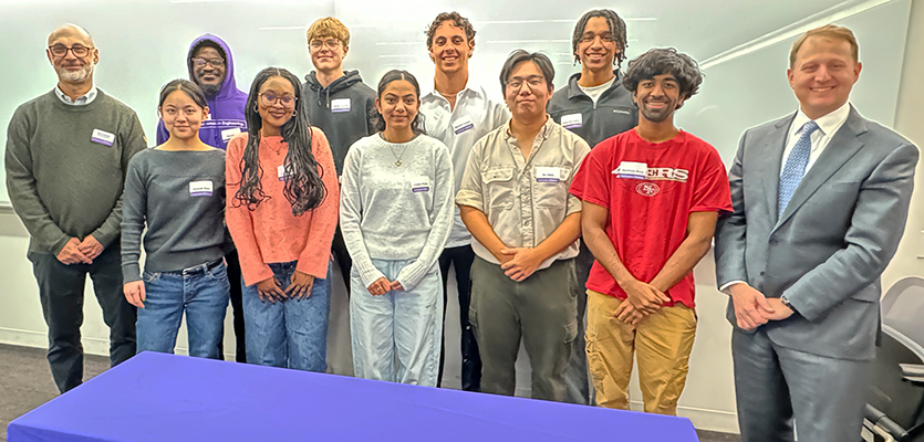Dean Christopher Schuh (R) congratulated the Apple Next-Gen Innovators Mentorship Program students at a December 3 reception organized by Erik Friedman (L) and the Northwestern Engineering’s Career Development office.