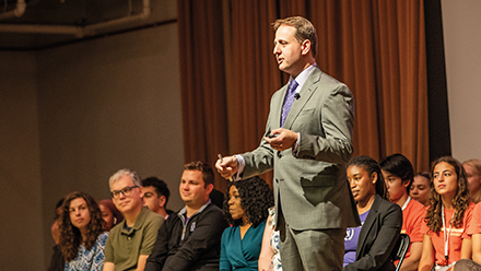 Dean Schuh speaking to a crowd