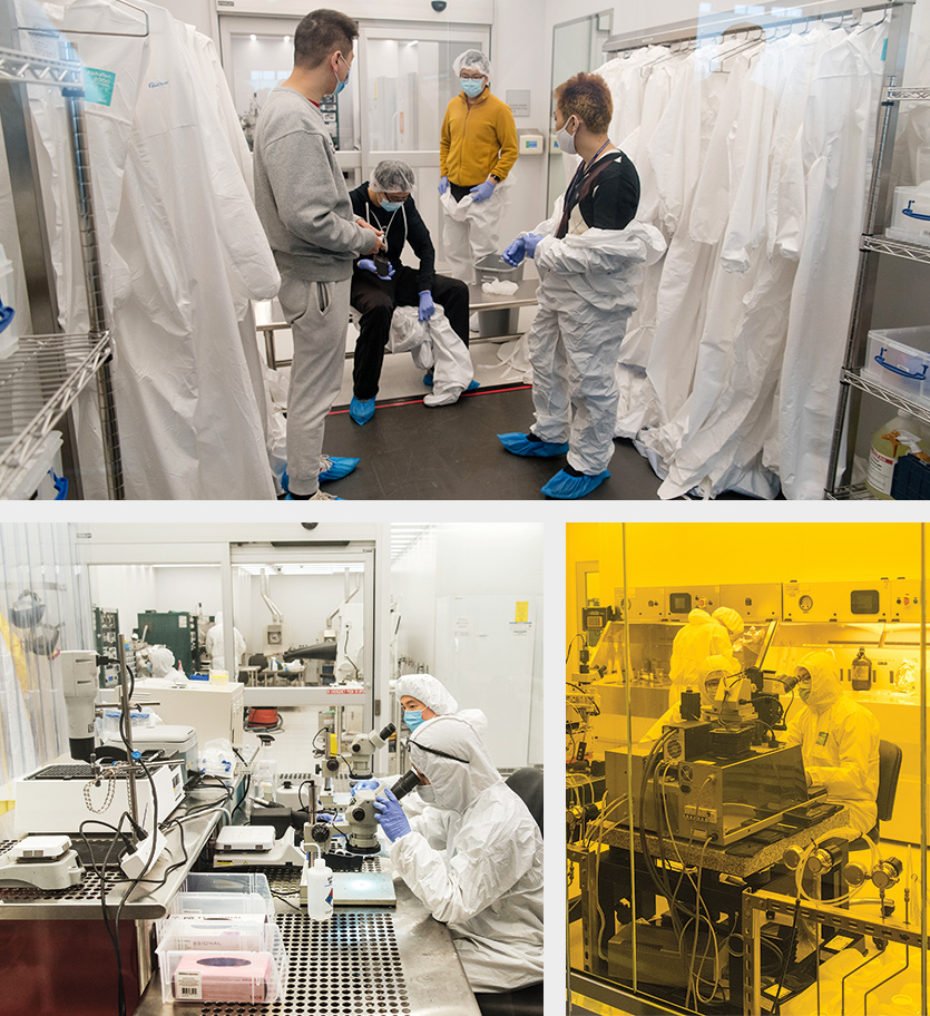 (clockwise from top) Gowning room, microlithography room, and wet chemistry lab (foreground) and deposition room (background)