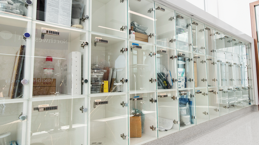 Project lockers filled with in-progress project supplies and equipment