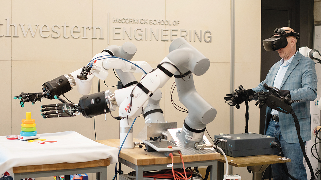 Ed Colgate intuitively teleoperates hand-equipped robot arms via a virtual reality headset.